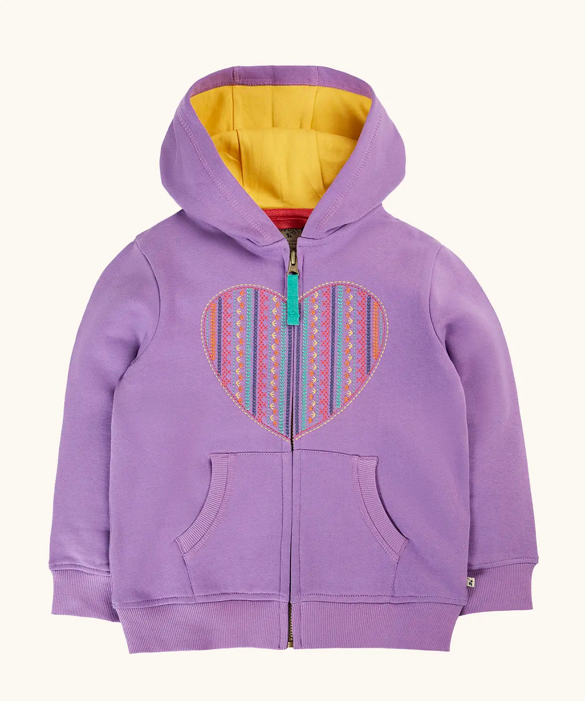 Frugi organic cotton purple periwinkle carbis zipped children's hoodie with multicoloured embroidered heart design on the front and yellow lined hood. 