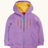 Frugi organic cotton purple periwinkle carbis zipped children's hoodie with multicoloured embroidered heart design on the front and yellow lined hood. 