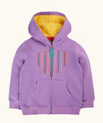 Frugi organic cotton purple periwinkle carbis zipped children's hoodie with multicoloured embroidered heart design on the front and yellow lined hood. 