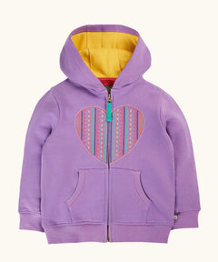 Frugi organic cotton purple periwinkle carbis zipped children's hoodie with multicoloured embroidered heart design on the front and yellow lined hood. 