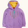 Frugi organic cotton purple periwinkle carbis zipped children's hoodie with multicoloured embroidered heart design on the front and yellow lined hood. 