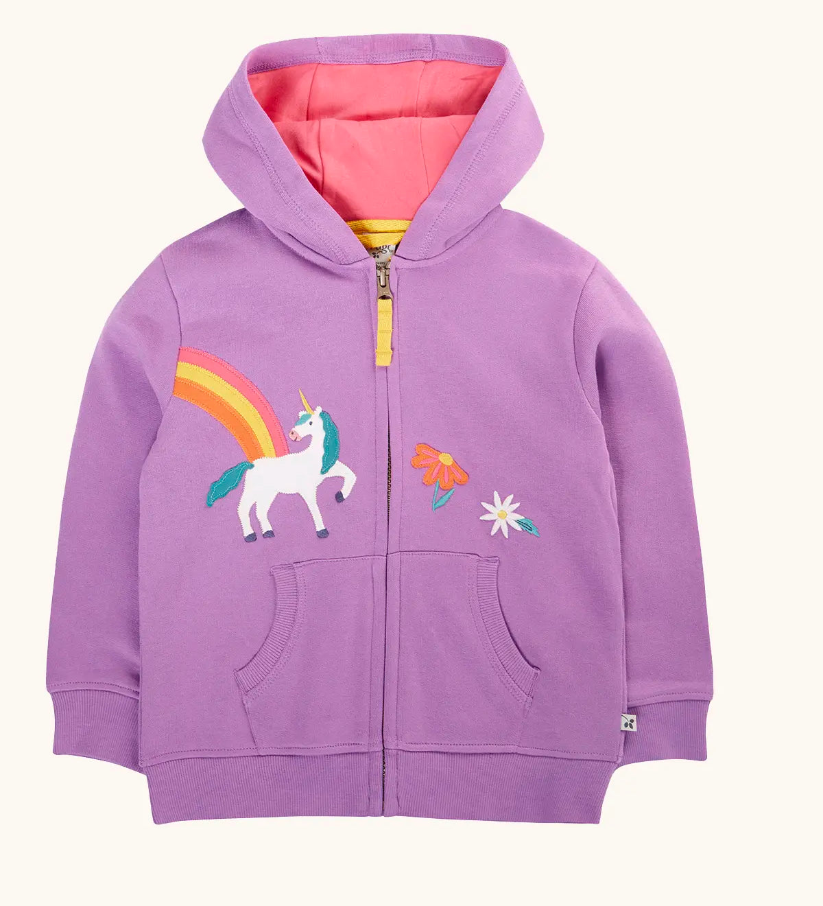 Frugi organic cotton purple periwinkle carbis zipped children's hoodie with unicorn applique design on the front and pink lined hood. 