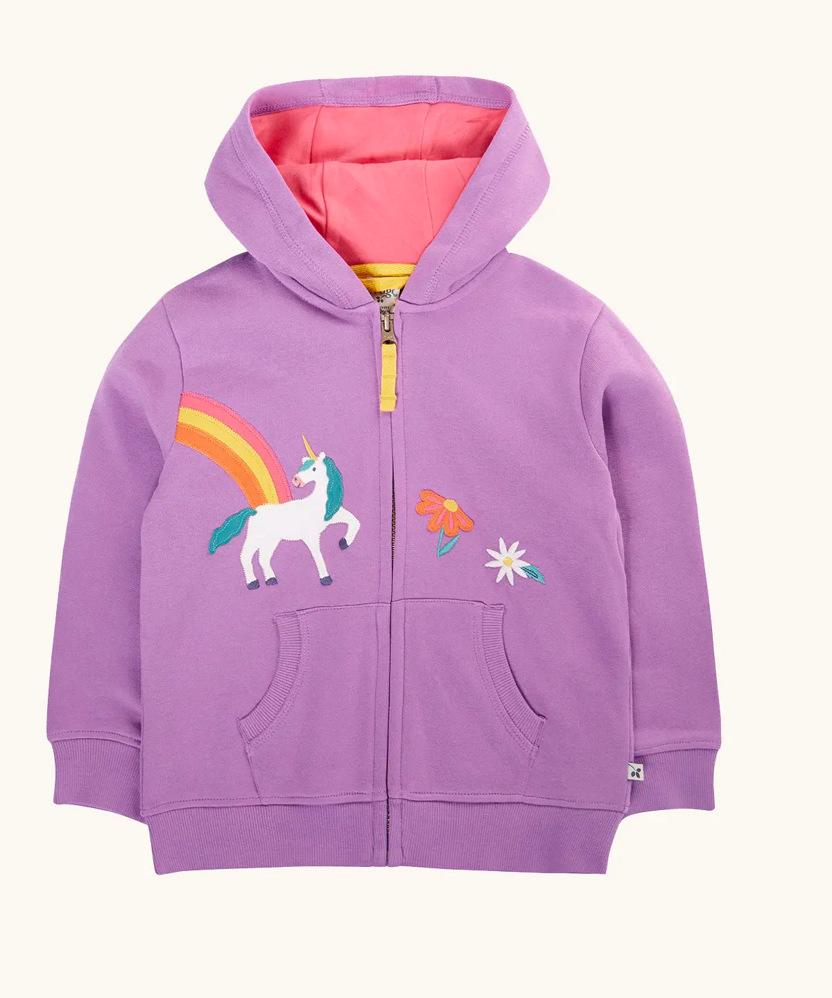 Frugi organic cotton purple periwinkle carbis zipped children's hoodie with unicorn applique design on the front and pink lined hood. 