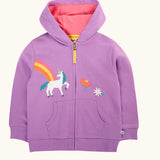 Frugi organic cotton purple periwinkle carbis zipped children's hoodie with unicorn applique design on the front and pink lined hood. 