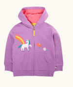 Frugi organic cotton purple periwinkle carbis zipped children's hoodie with unicorn applique design on the front and pink lined hood. 