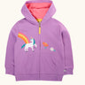 Frugi organic cotton purple periwinkle carbis zipped children's hoodie with unicorn applique design on the front and pink lined hood. 