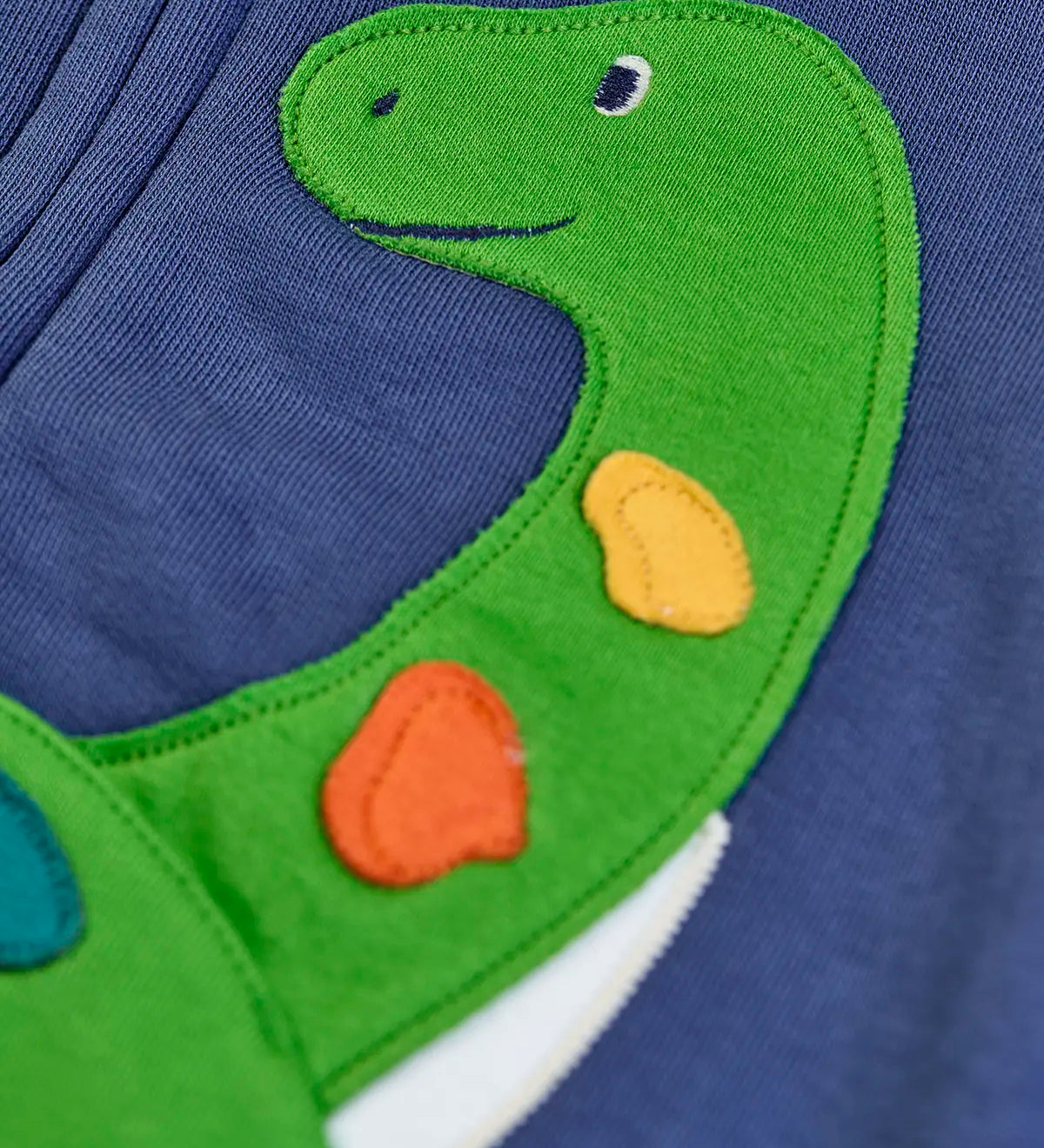 Close up of the green loch ness monster applique on the front of the Frugi organic cotton carbis navy kids hoodie.
