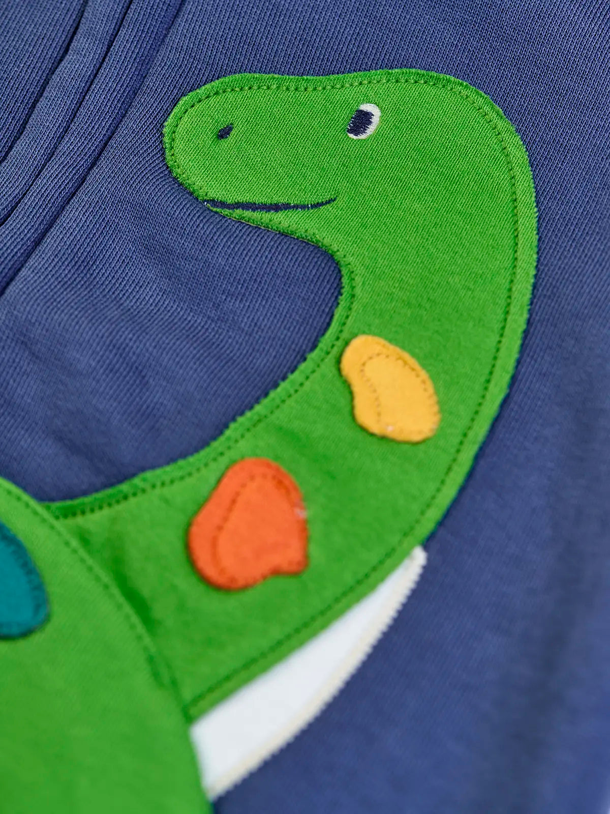 Close up of the green loch ness monster applique on the front of the Frugi organic cotton carbis navy kids hoodie.