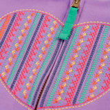 Close up of the multicoloured embroidered heart design on the front of the Frugi organic cotton purple periwinkle carbis zipped children's hoodie. 