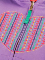 Close up of the multicoloured embroidered heart design on the front of the Frugi organic cotton purple periwinkle carbis zipped children's hoodie. 