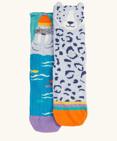 Frugi organic cotton character socks 2 pack. One blue pair with a walrus wearing a bobble hat, one pair with a grey leopard.