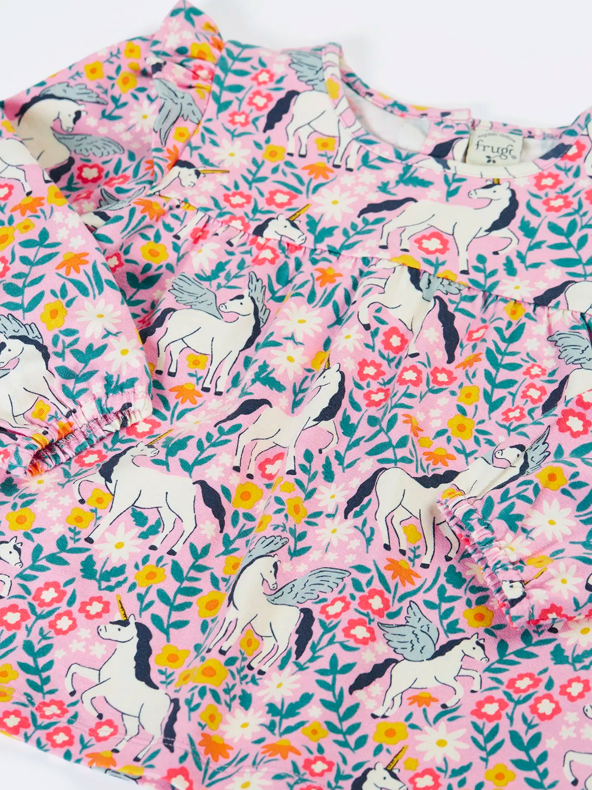 Pegasus, flowers and foliage print top from the Frugi organic cotton Charlotte outfit set. 