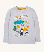 Frugi children's Adventure Organic Cottonlong sleeved Top in Grey with a Farm design.