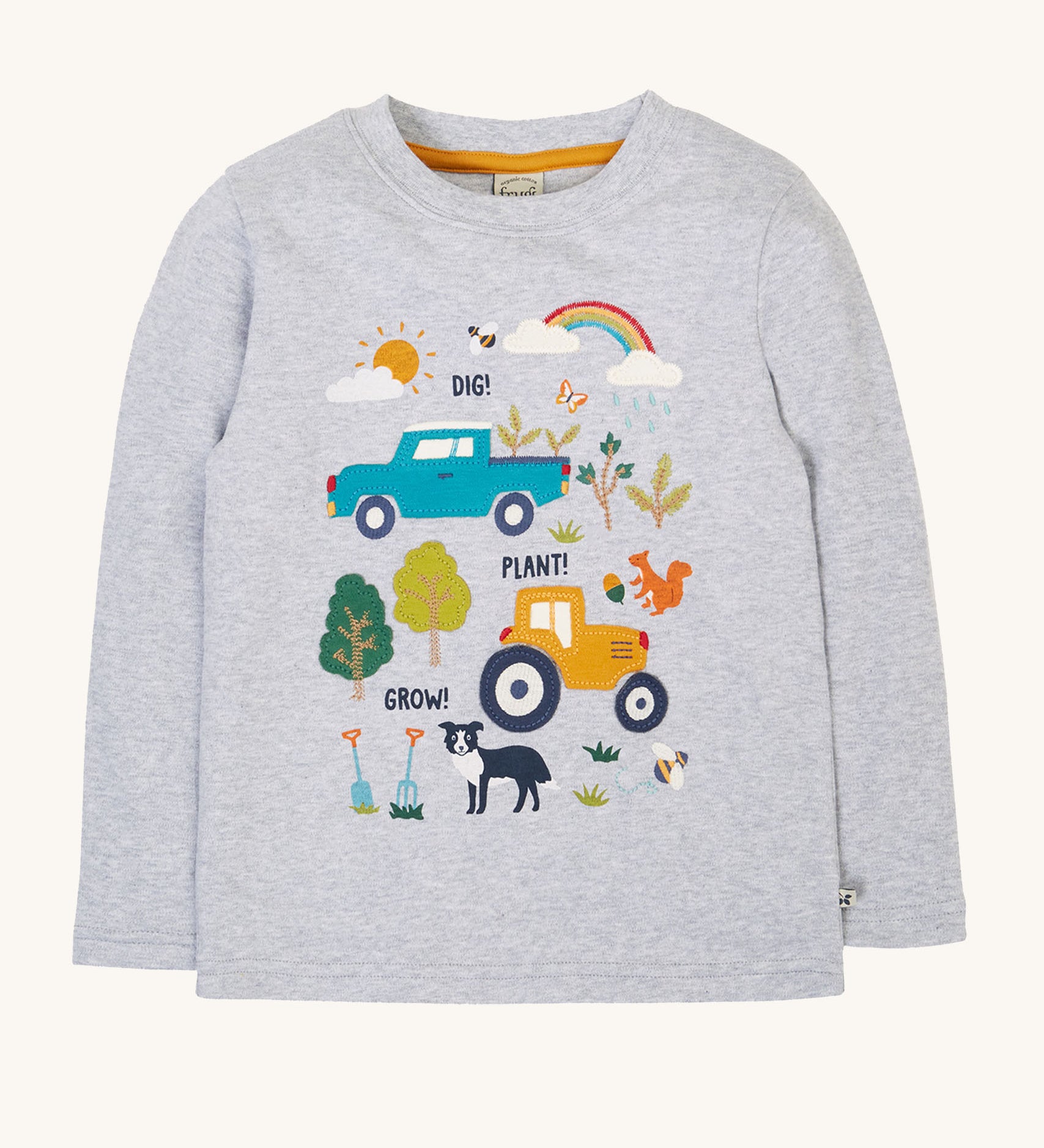 Frugi children's Adventure Organic Cottonlong sleeved Top in Grey with a Farm design.
