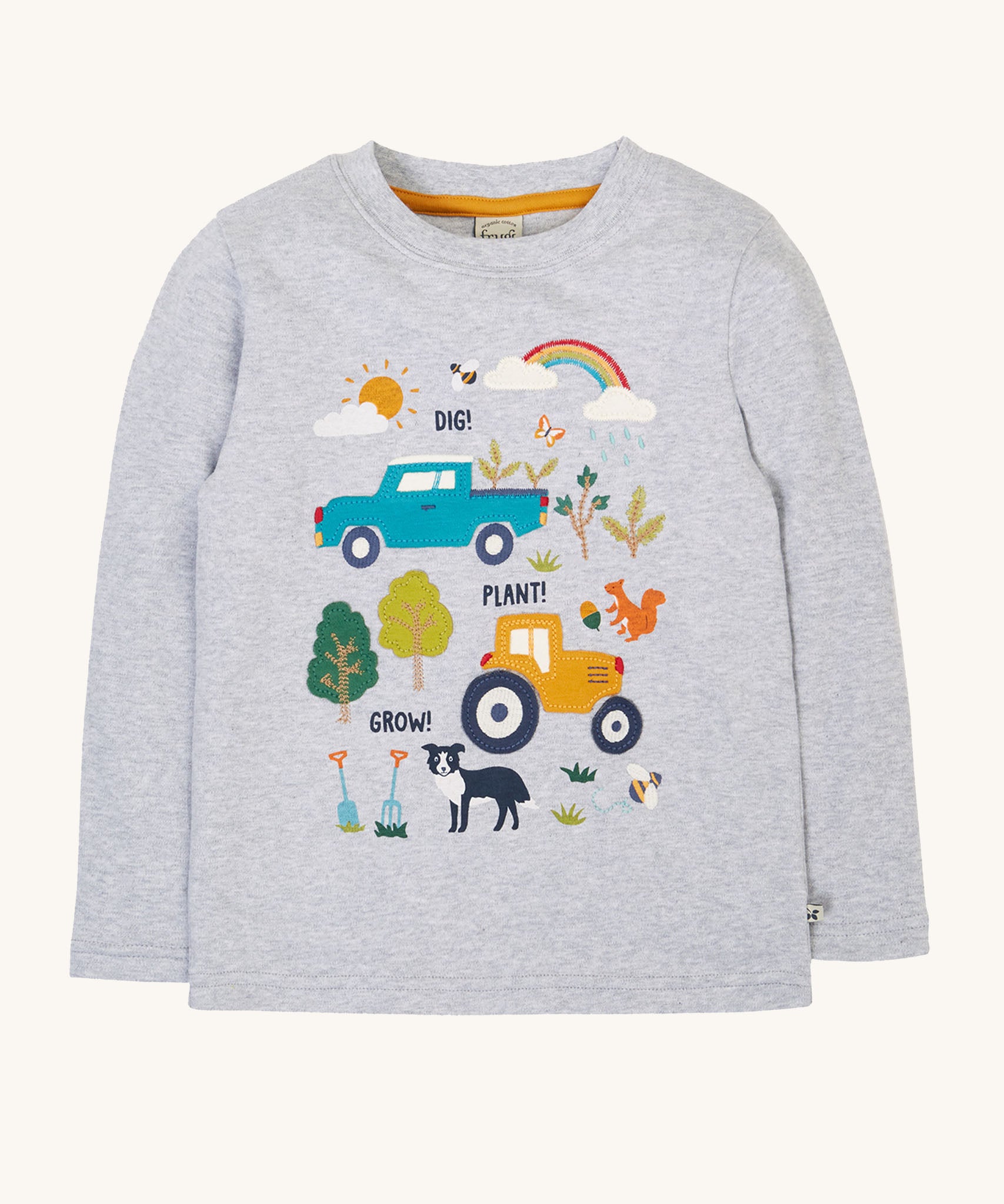 Frugi children's Adventure Organic Cottonlong sleeved Top in Grey with a Farm design.
