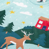Close up of the reindeer on the front of the Frugi organic cotton elwood knitted jumper with a Winter tales design.