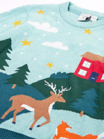 Close up of the reindeer on the front of the Frugi organic cotton elwood knitted jumper with a Winter tales design.