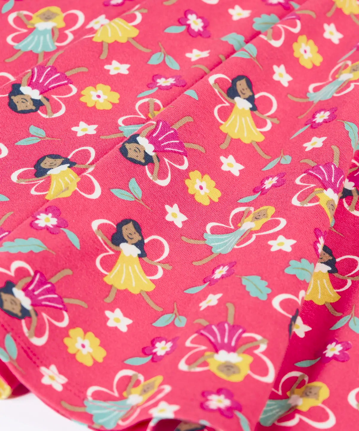 Close up of the Frugi GOTS organic cotton sofia skater dress in fairy flutter. Pink background with colourful fairy print featuring flowers and leaves.