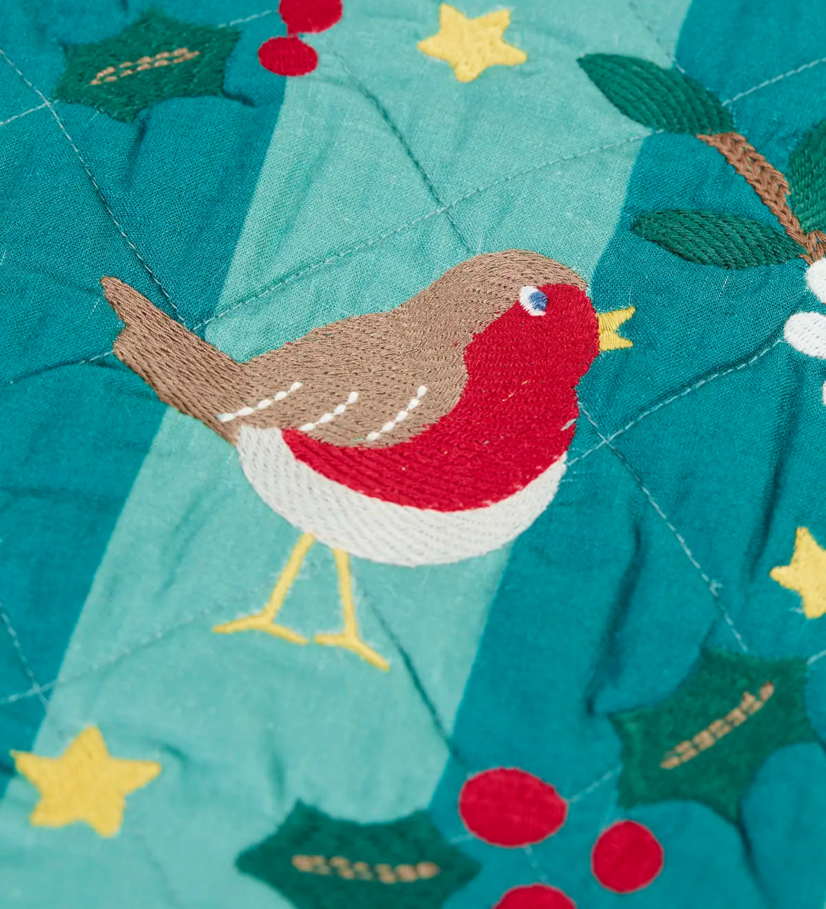 Close up of the embroidered robin wreath details on the Frugi teal striped organic cotton christmas stocking.