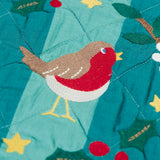 Close up of the embroidered robin wreath details on the Frugi teal striped organic cotton christmas stocking.
