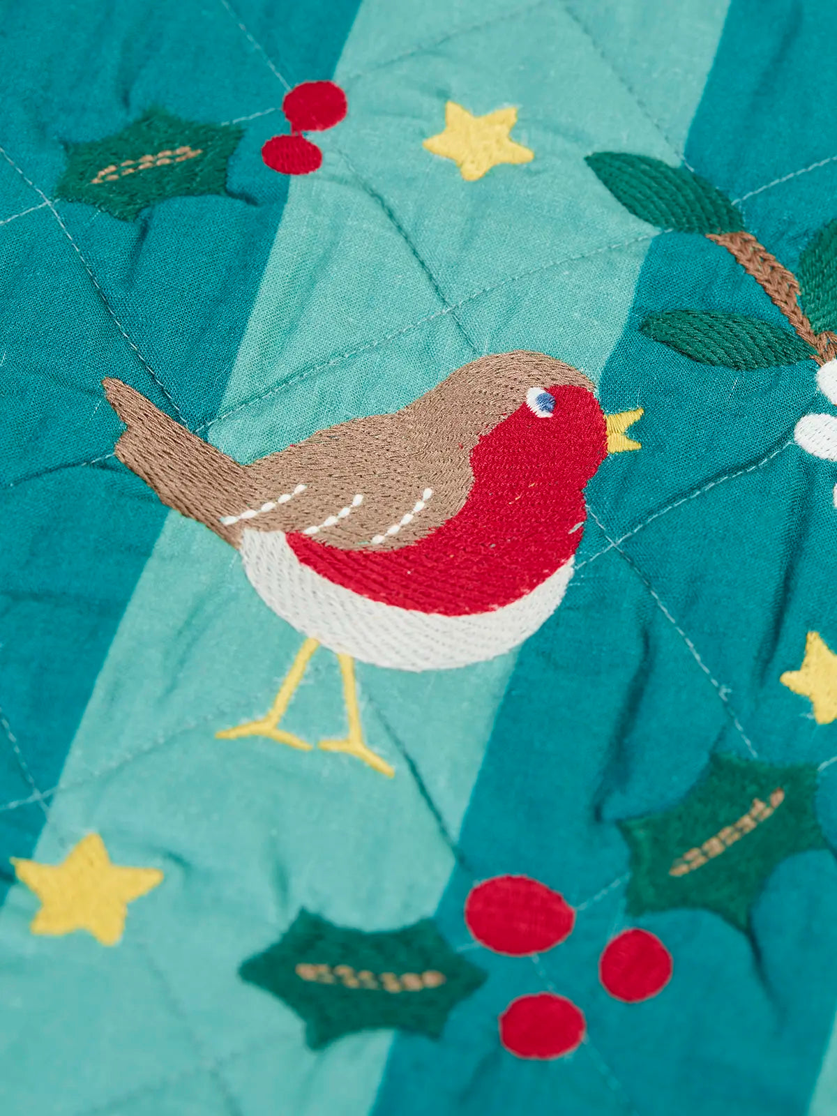 Close up of the embroidered robin wreath details on the Frugi teal striped organic cotton christmas stocking.