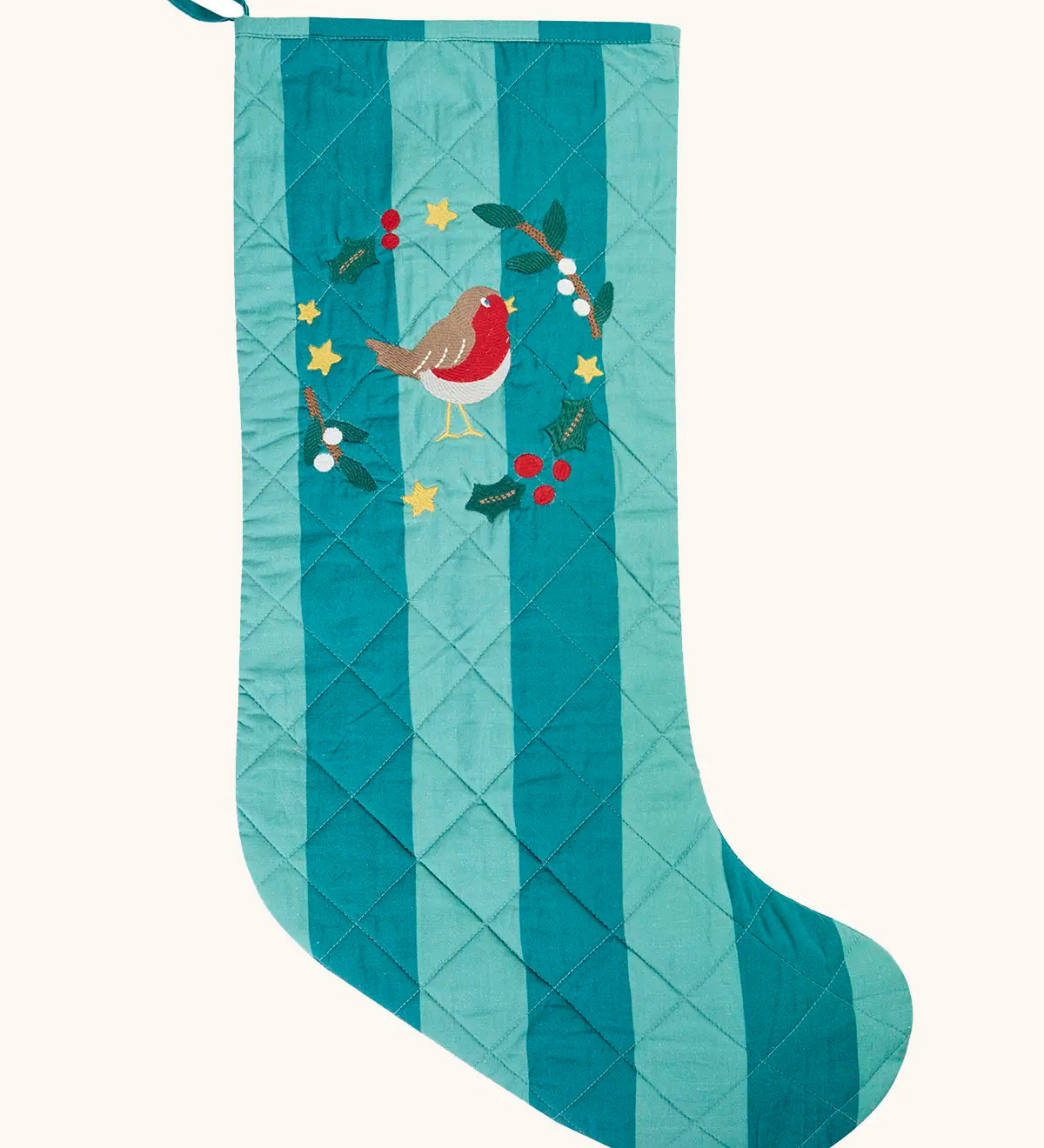 Frugi organic cotton christmas stocking. Striped teal quilted style stocking with a robin wreath embroidery detail and hanging loop.