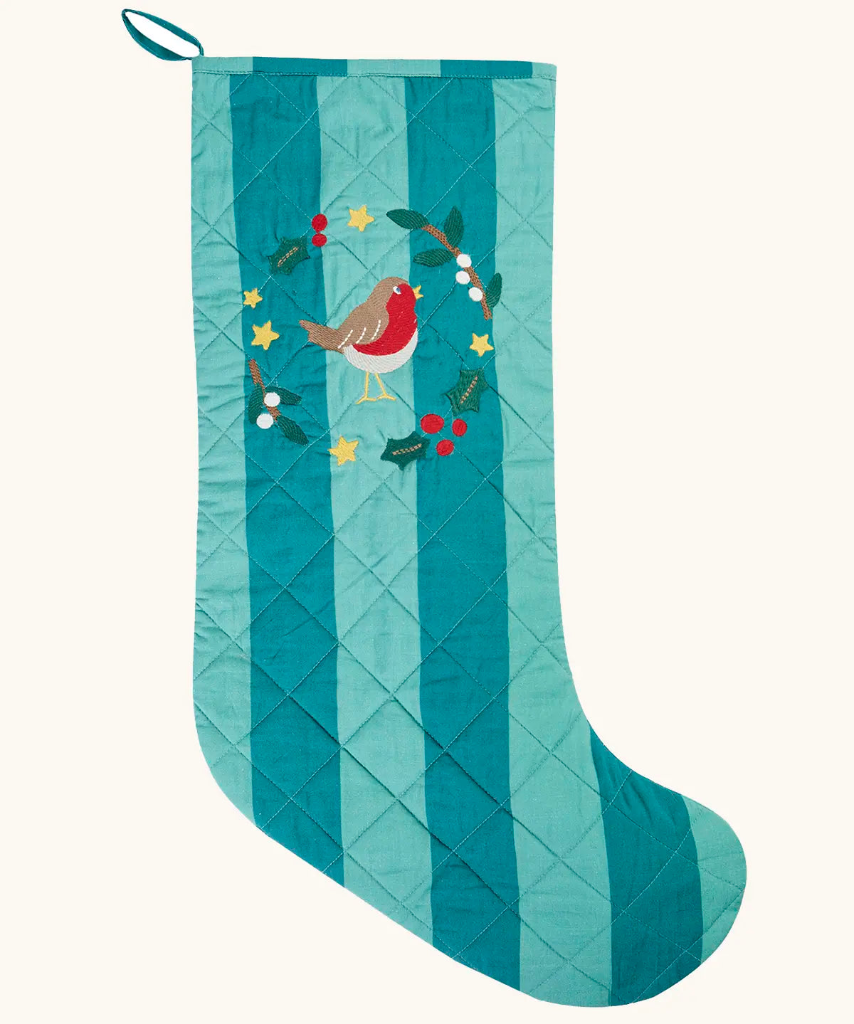 Frugi organic cotton christmas stocking. Striped teal quilted style stocking with a robin wreath embroidery detail and hanging loop.