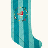 Frugi organic cotton christmas stocking. Striped teal quilted style stocking with a robin wreath embroidery detail and hanging loop.