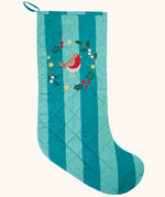 Frugi organic cotton christmas stocking. Striped teal quilted style stocking with a robin wreath embroidery detail and hanging loop.