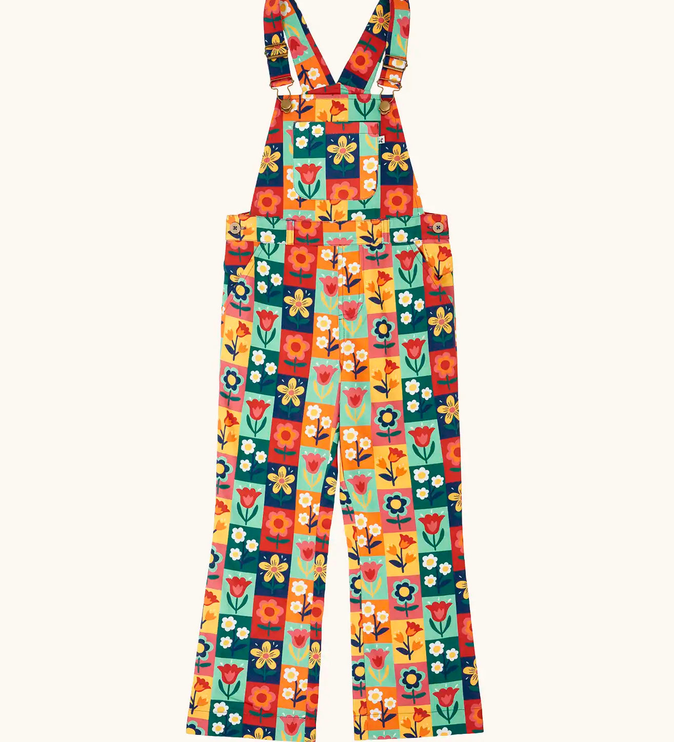 Frugi organic cotton ethel flared dungarees with rectangle flower stamps design. Multicoloured design with a variety of different flowers. 