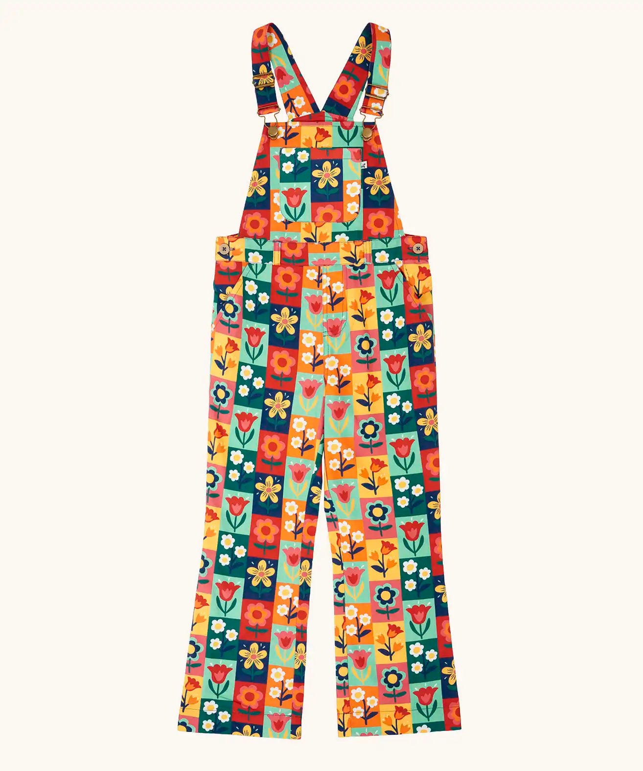 Frugi organic cotton ethel flared dungarees with rectangle flower stamps design. Multicoloured design with a variety of different flowers. 