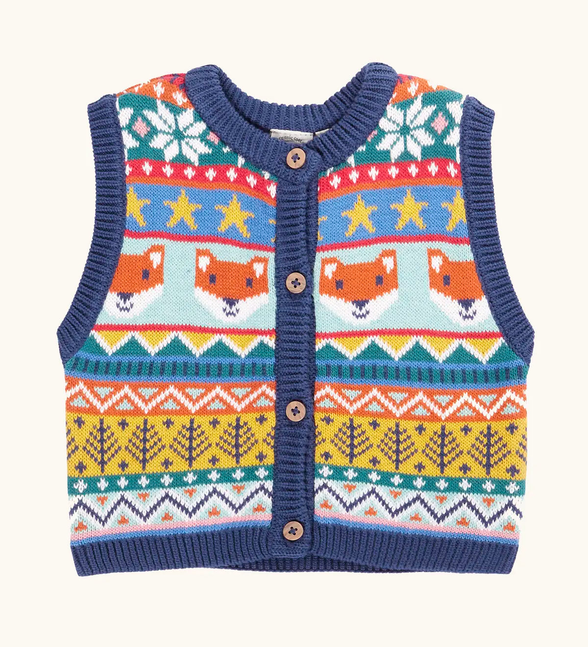 Frugi child's fox fair isle organic cotton wenn knitted waistcoat. Multi-coloured fair isle knit with navy edges and wooden buttons. 