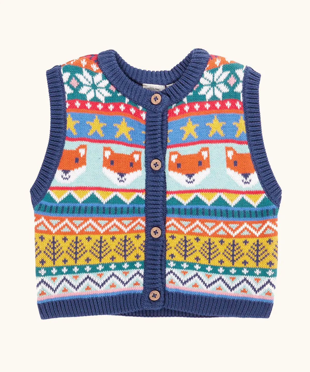 Frugi child's fox fair isle organic cotton wenn knitted waistcoat. Multi-coloured fair isle knit with navy edges and wooden buttons. 