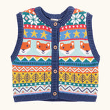 Frugi child's fox fair isle organic cotton wenn knitted waistcoat. Multi-coloured fair isle knit with navy edges and wooden buttons. 