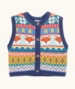 Frugi child's fox fair isle organic cotton wenn knitted waistcoat. Multi-coloured fair isle knit with navy edges and wooden buttons. 