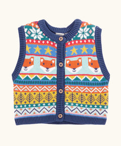 Frugi child's fox fair isle organic cotton wenn knitted waistcoat. Multi-coloured fair isle knit with navy edges and wooden buttons. 