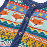 Close up of the wooden buttons on the Frugi fox fair isle organic cotton wenn knitted waistcoat. Multi-coloured fair isle knit with navy edges.