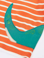 Close up of the back of the Frugi organic cotton felix long sleeve orange breton stripe top with teal nessie wrap around applique, showing it's tail. 