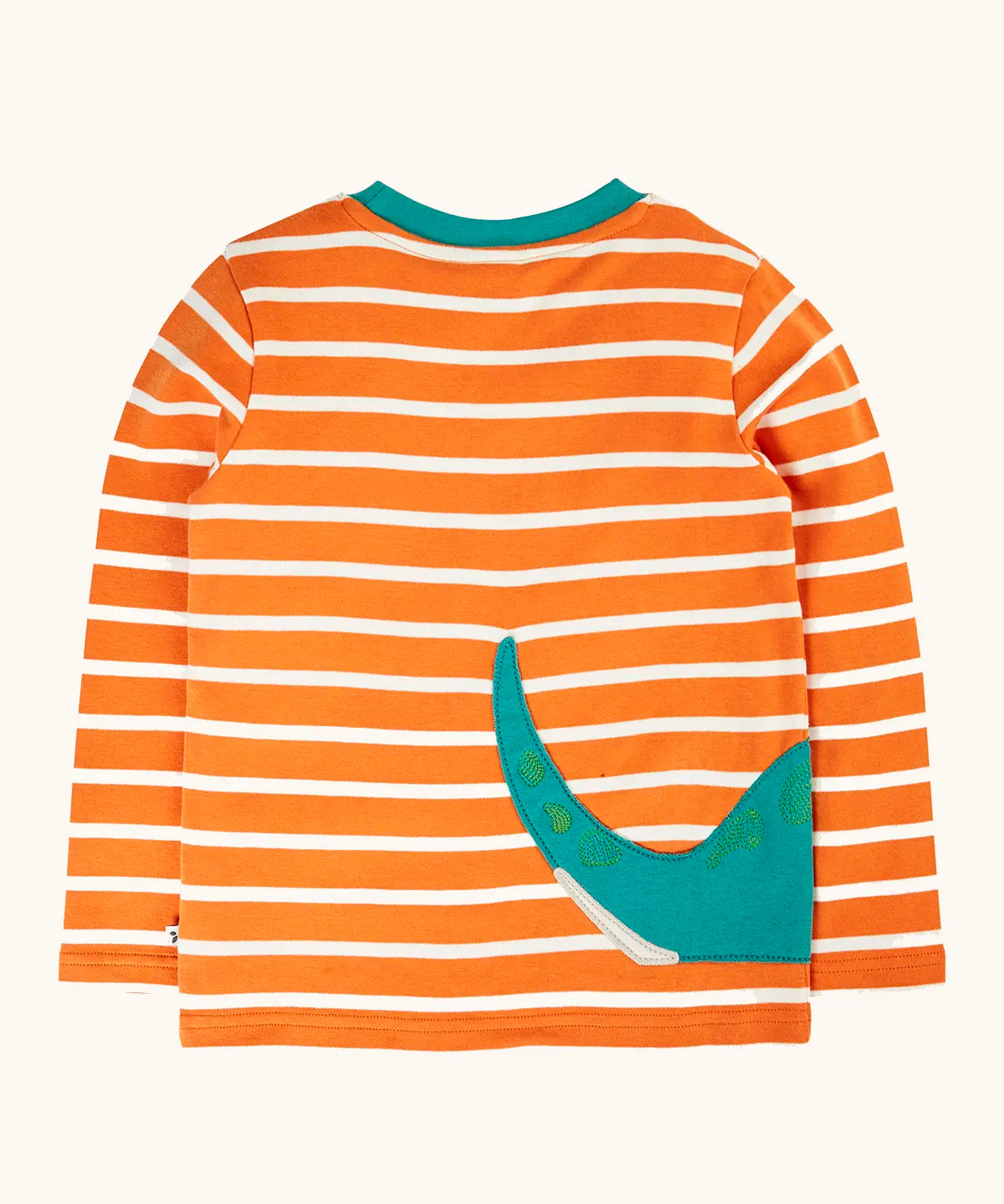 Back of the Frugi organic cotton felix long sleeve orange breton stripe top with teal nessie wrap around applique.