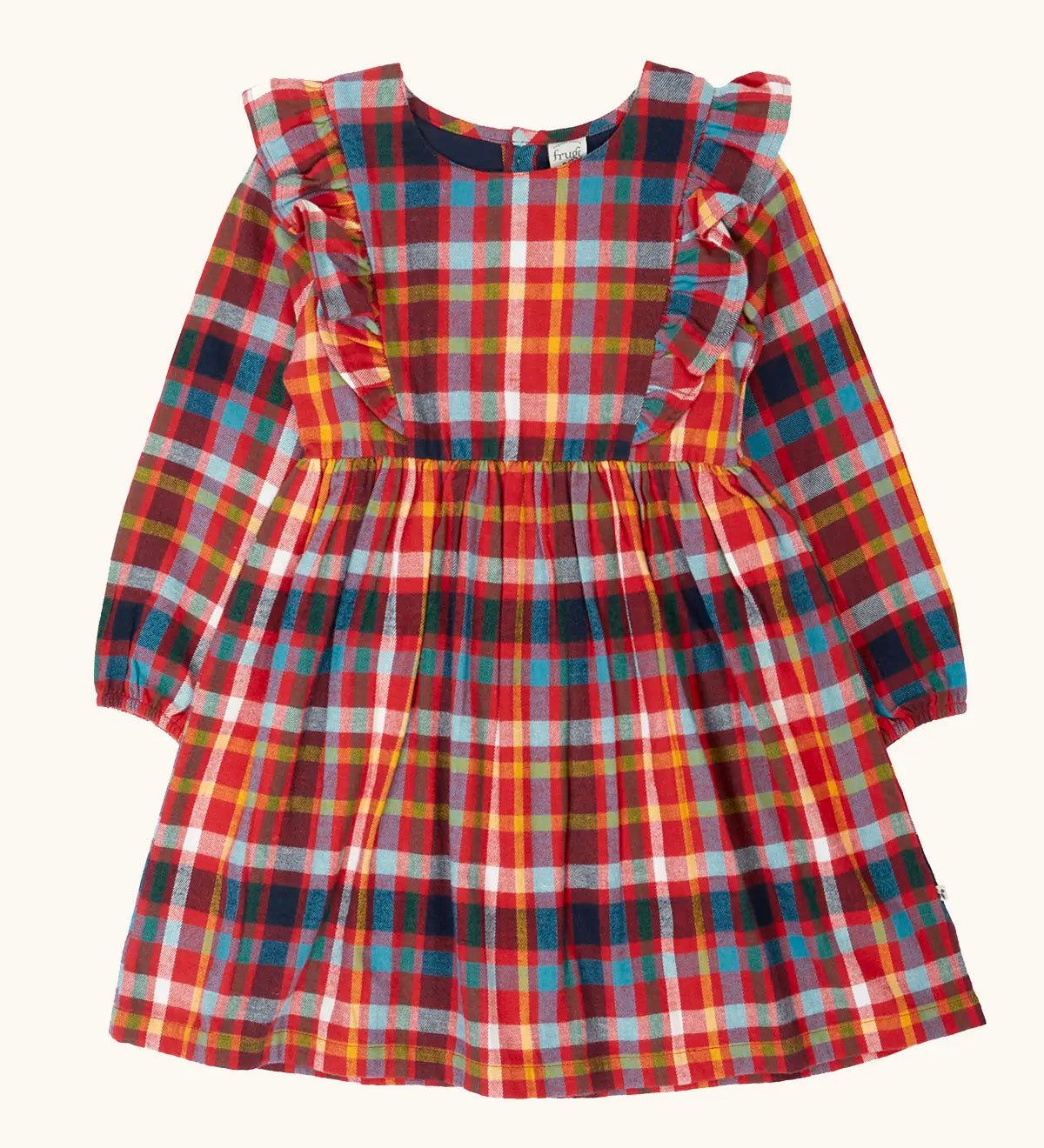 Frugi organic cotton agnes festive check children's long sleeved dress featuring shoulder frills. 