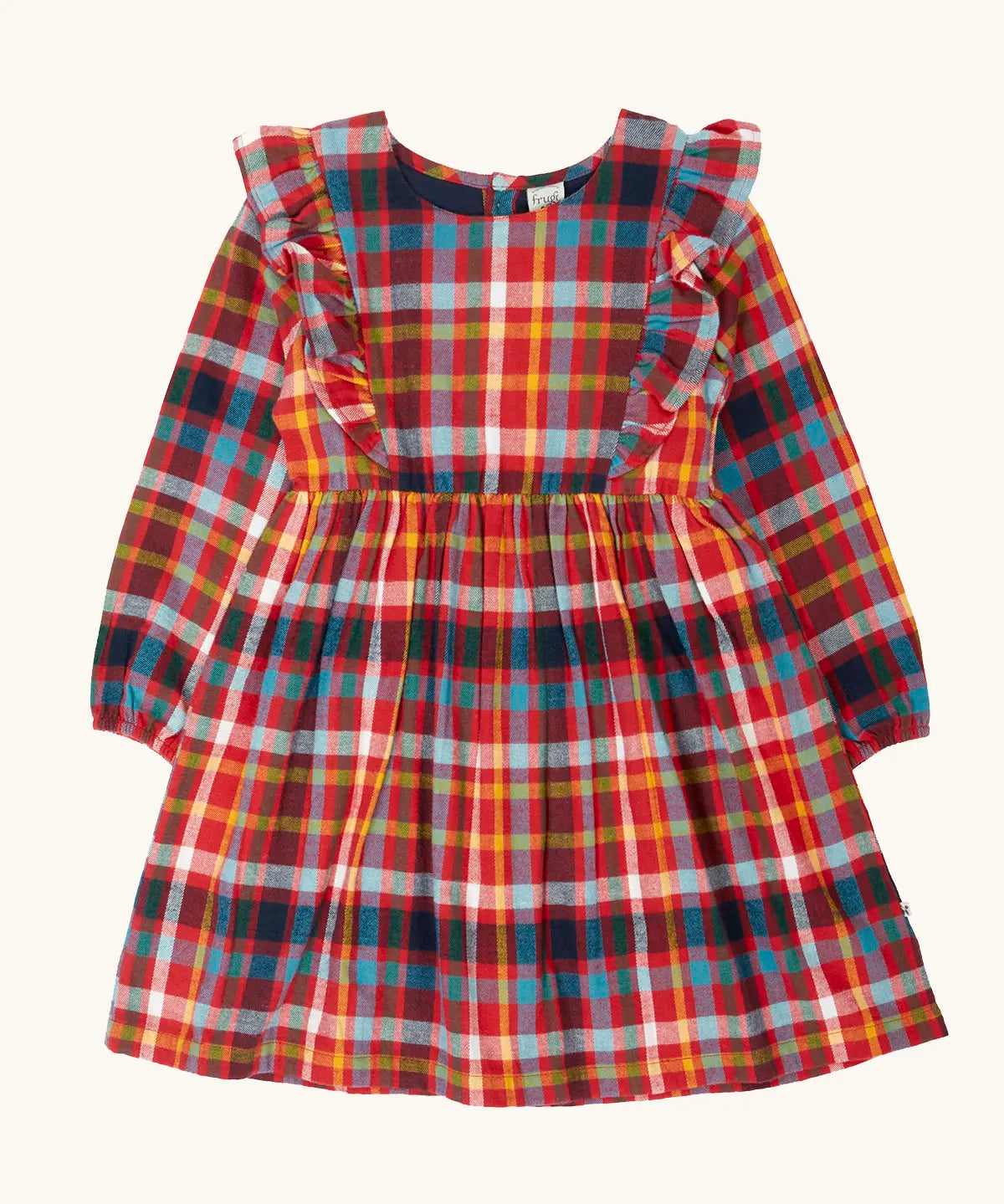 Frugi organic cotton agnes festive check children's long sleeved dress featuring shoulder frills. 