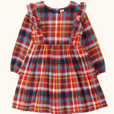 Frugi organic cotton agnes festive check children's long sleeved dress featuring shoulder frills. 