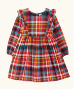 Frugi organic cotton agnes festive check children's long sleeved dress featuring shoulder frills. 