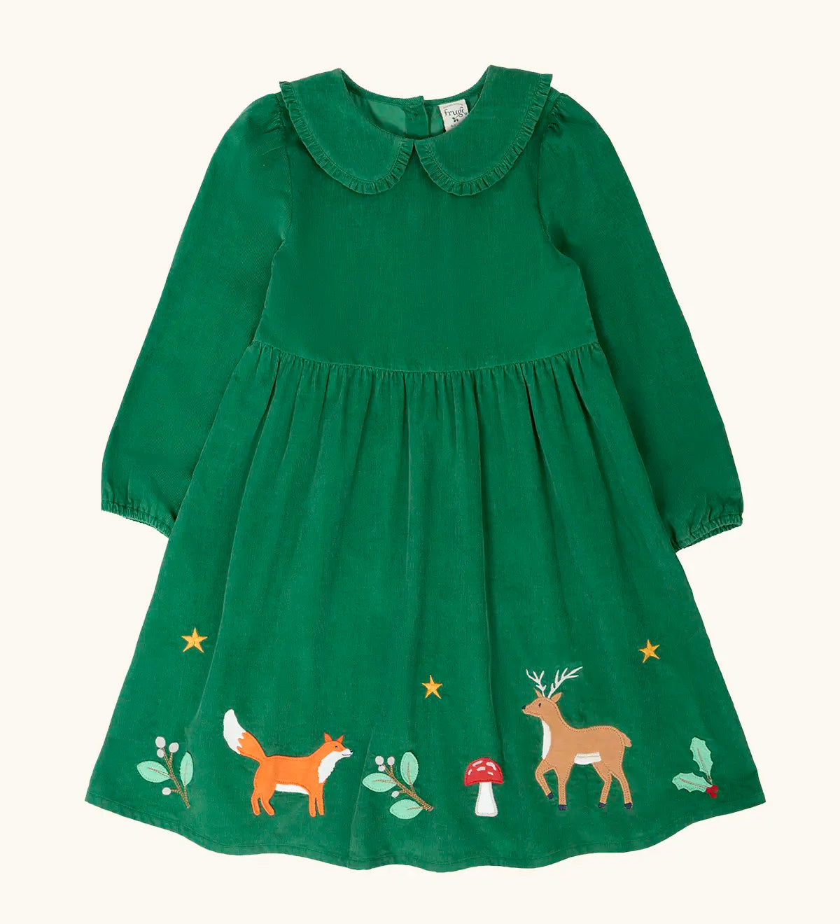 Frugi organic cotton peony holly green corduroy dress with festive appliques along the hemline and a peter pan collar.