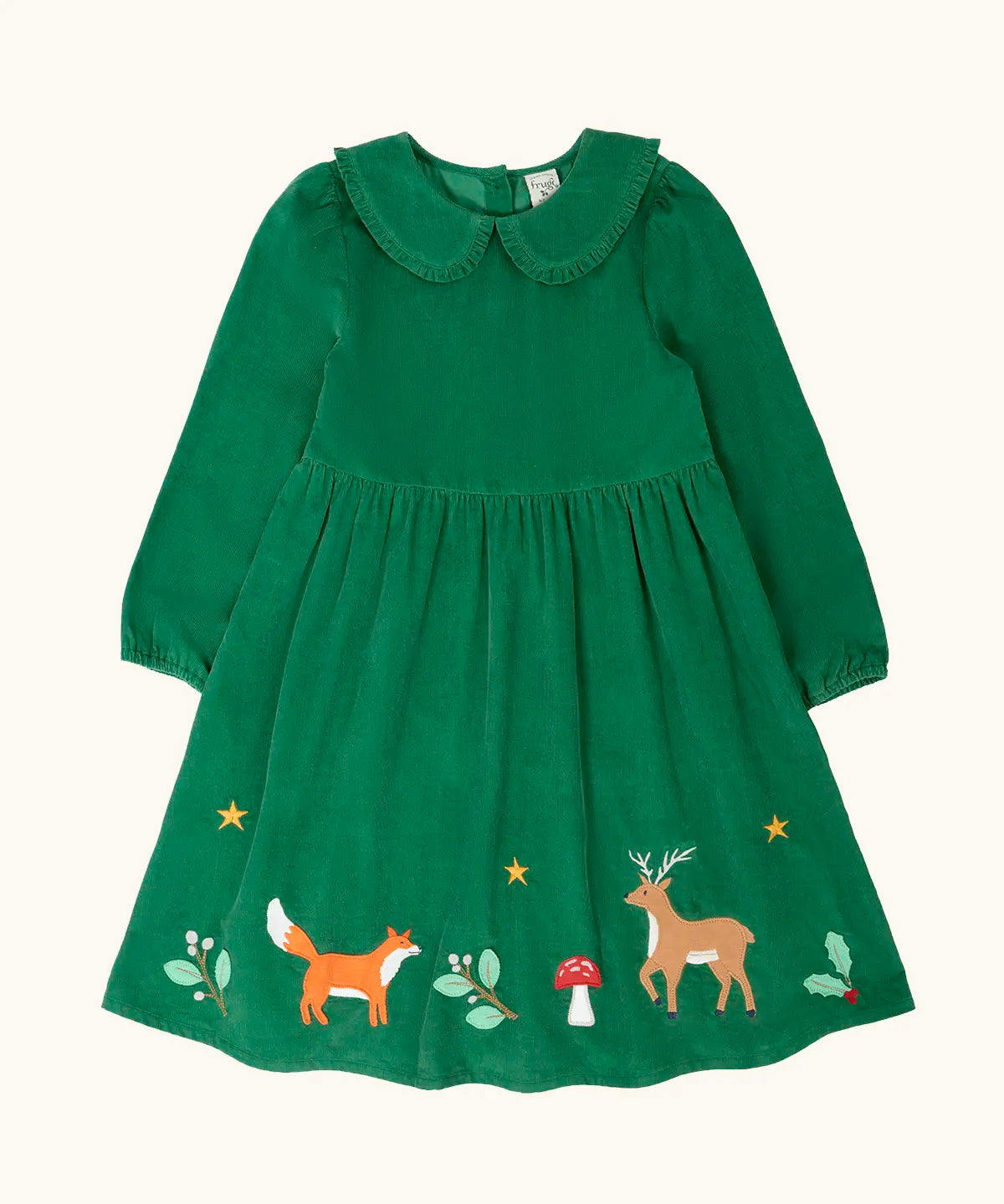 Frugi organic cotton peony holly green corduroy dress with festive appliques along the hemline and a peter pan collar.