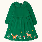 Frugi organic cotton peony holly green corduroy dress with festive appliques along the hemline and a peter pan collar.