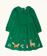 Frugi organic cotton peony holly green corduroy dress with festive appliques along the hemline and a peter pan collar.