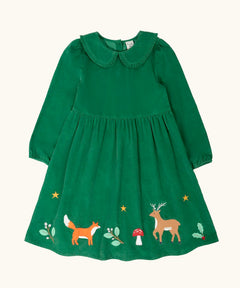 Frugi organic cotton peony holly green corduroy dress with festive appliques along the hemline and a peter pan collar.