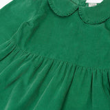 Close up of the frilled peter pan style collar on the Frugi organic cotton peony holly green corduroy dress.