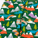 Frugi organic cotton green malpas joggers with rescue trails print. Print features colourful mountains, trees, grass, water and rescue vehicles on a bottle green background.